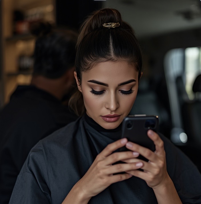 Beauty professional using the BeautiHub app on her phone