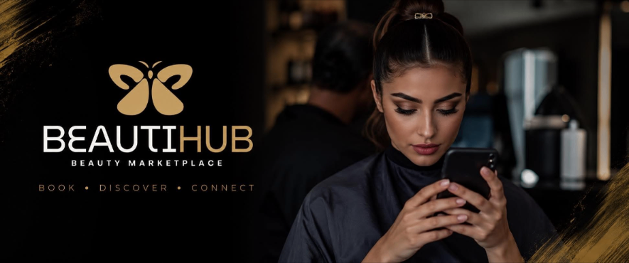 BeautiHub, Beauty Marketplace — Book, Discover, Connect. A client booking on her phone in a salon.